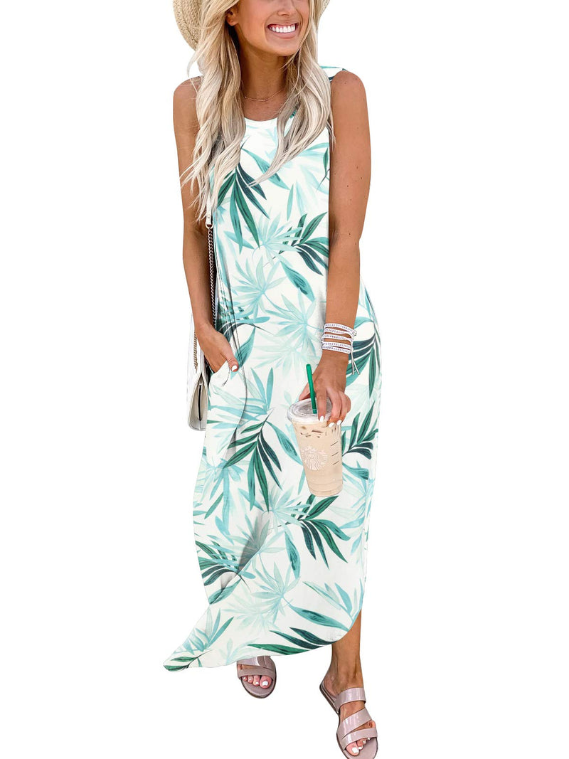 Women's Casual Loose Maxi Dress Sleeveless Pockets Slit Beach Sundress